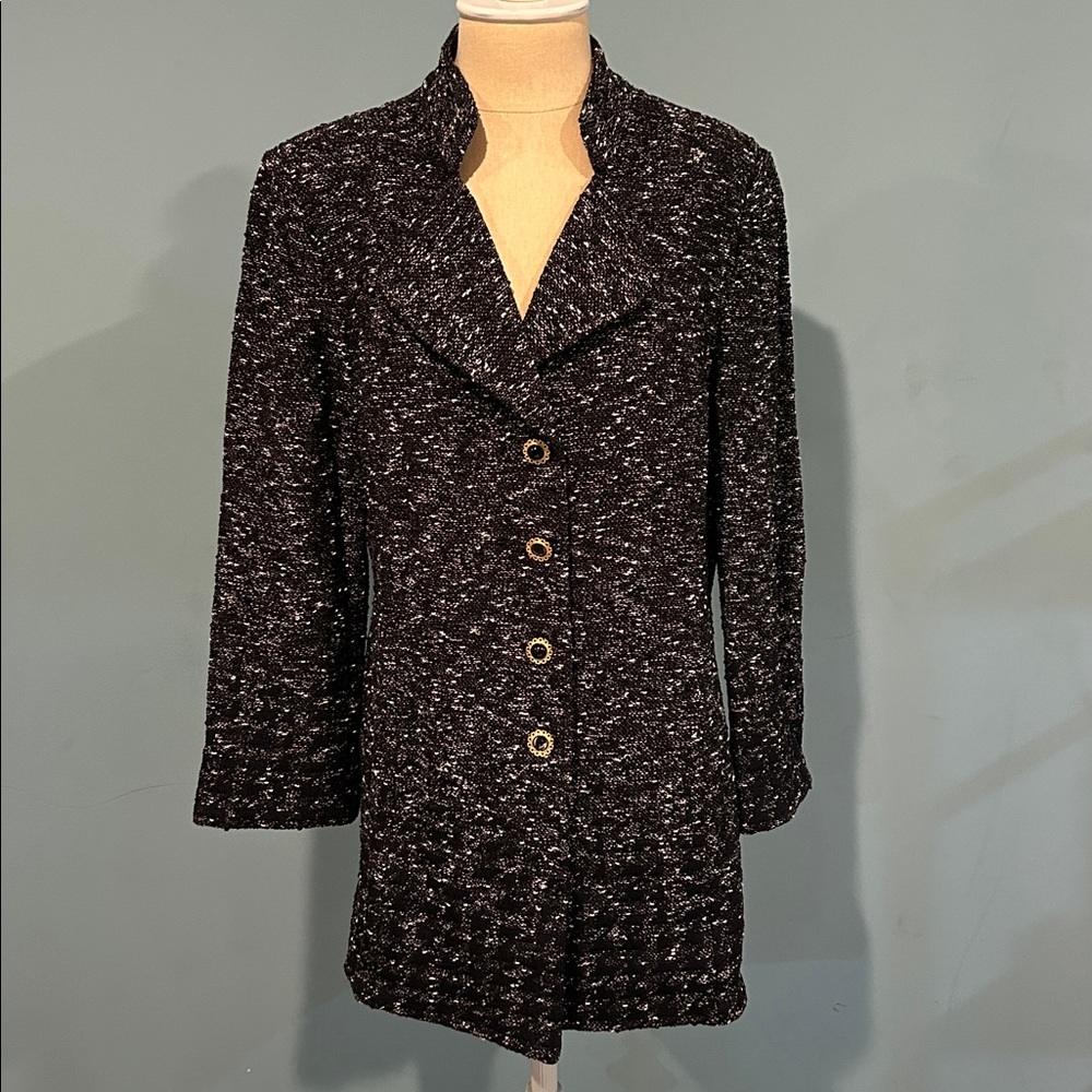 St. John Collection Overcoat Longline Jacket 10 Textured Tweed Knit Black White